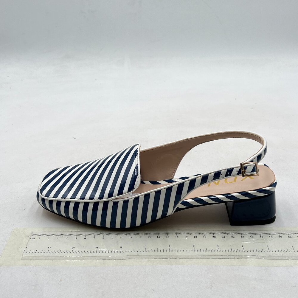 YDN Navy Stripe Square Toe Block Low Heels Slingback Formal Loafer Dressy Shoes
